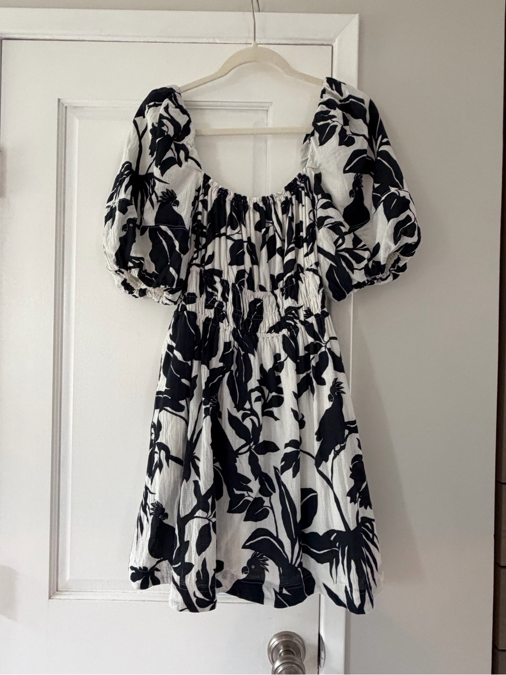 Anthropologie Maeve Black and White Puff-Sleeve Floral Mini Dress